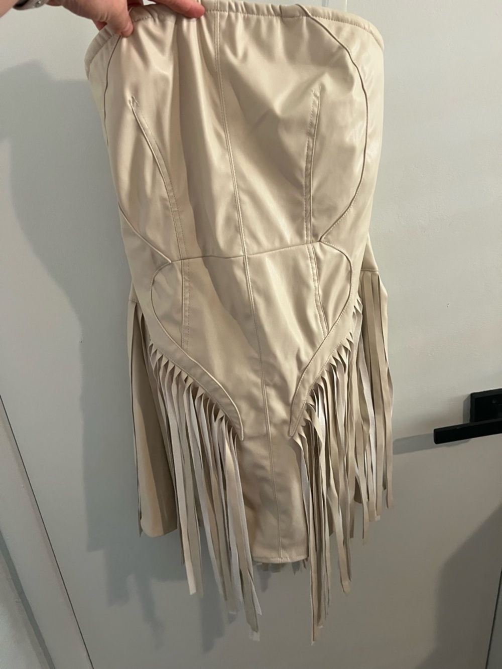 Strapless Fringe Faux Leather Mini Dress in Cream